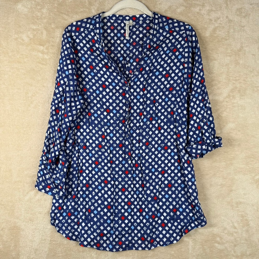 Grand & Greene Blue Geometric Diamond Roll Tab Sleeve Rayon Tunic Top Small